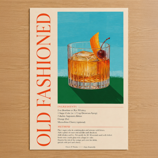 Old Fashioned kokteli tarifi ve yapılışı detaylı anlatan minimalist tasarım poster, vintage stil