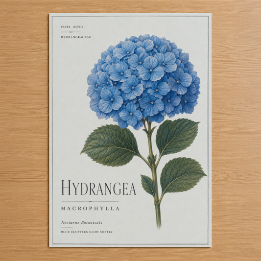 Klasik botanik sanatıyla çizilmiş mavi hortensia çiçeği, şık tipografi ve vintage stil poster tasarımı.