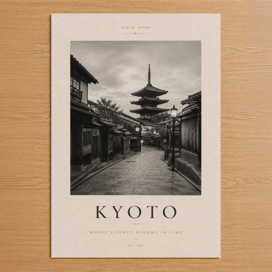 Kyoto posterı, siyah beyaz mimari fotoğrafla Japonya'nın tarihi sokakları ve pagodası tasvir eden minimalist tasarım