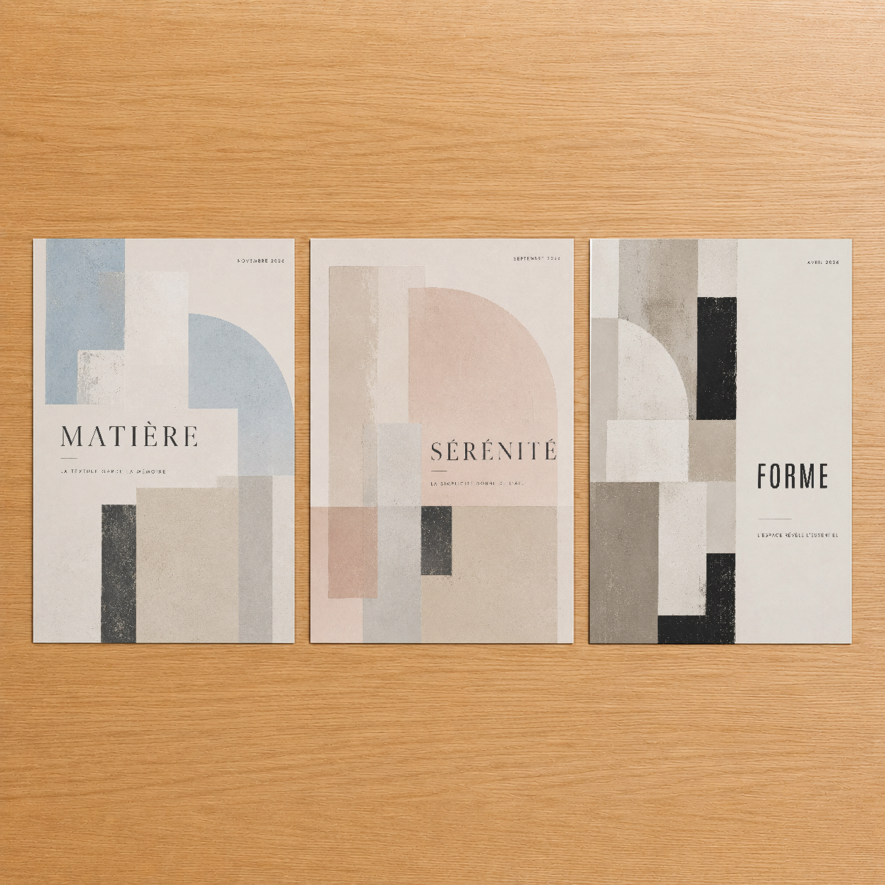 Matière, Sérénité, Forme üç parçalı poster seti, soyut geometrik tasarım ve pastel tonlarla modern estetik.