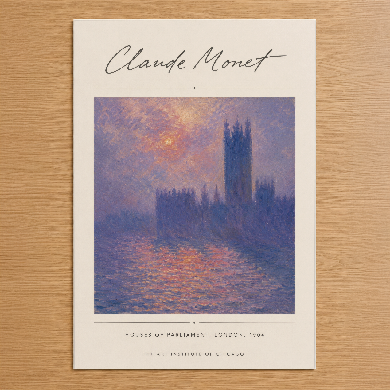 Monet'nin ikonik Houses of Parliament tablosu, gün doğumunda Londra'yı lila ve altın tonlarında yansıtan sanat poster.
