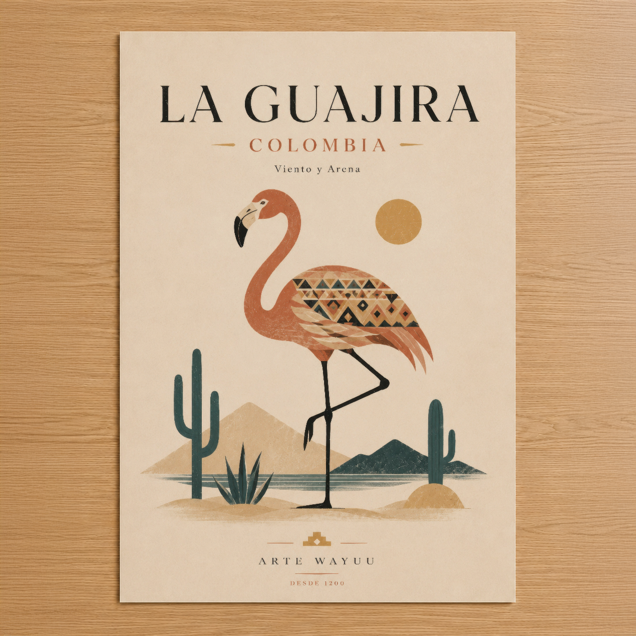 La Guajira Colombia temalı minimalist sanat tablosu, stilize flamingo ve çöl manzarası deseniyle.