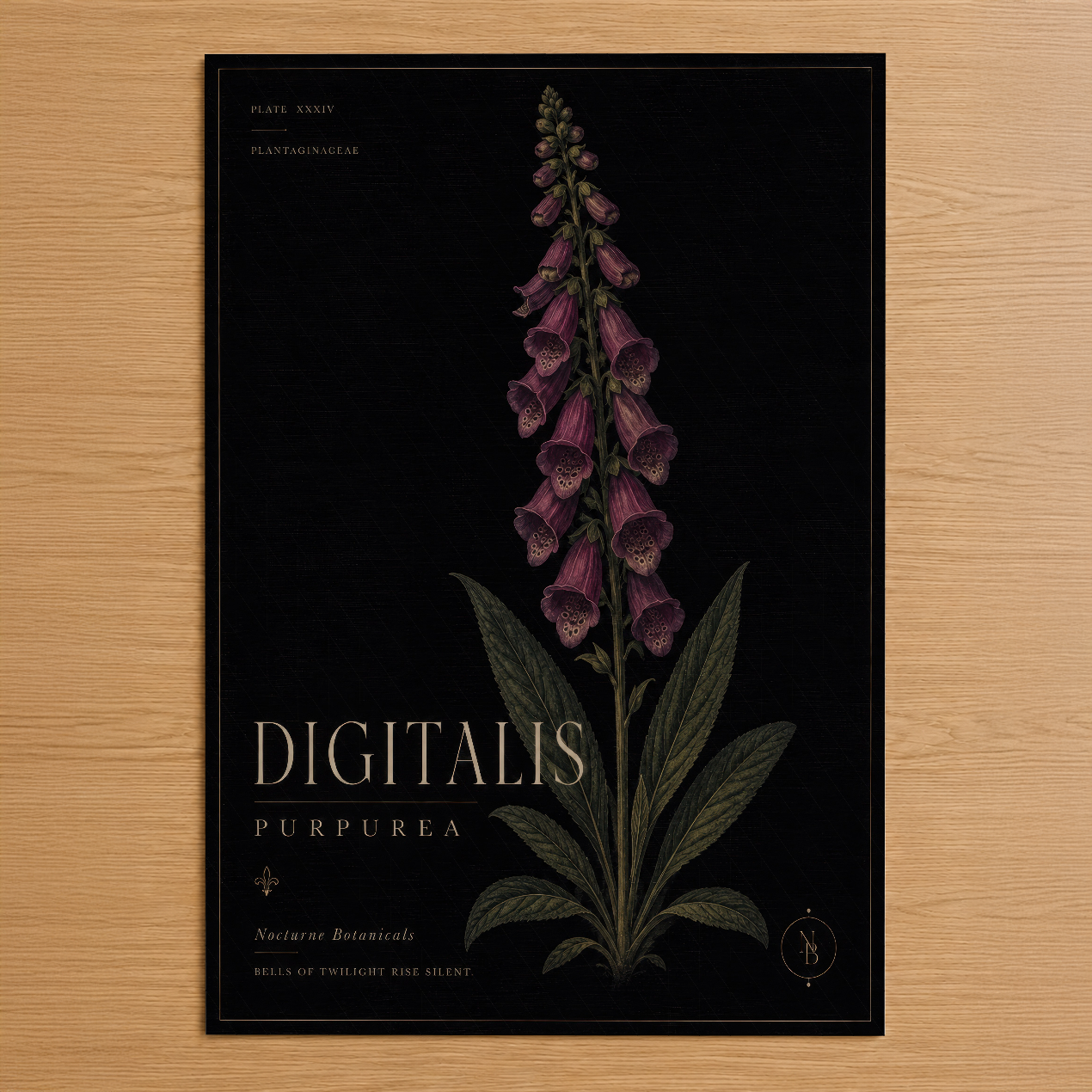 Siyah zemin üzerinde mor digitalis çiçekleri ve yeşil yapraklarıyla klasik botanik stilinde tasarlanmış duvar tablosu.
