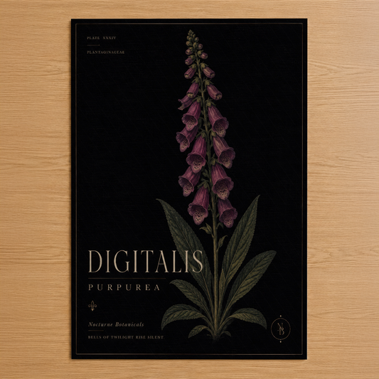 Siyah zemin üzerinde mor digitalis çiçekleri ve yeşil yapraklarıyla klasik botanik stilinde tasarlanmış duvar tablosu.