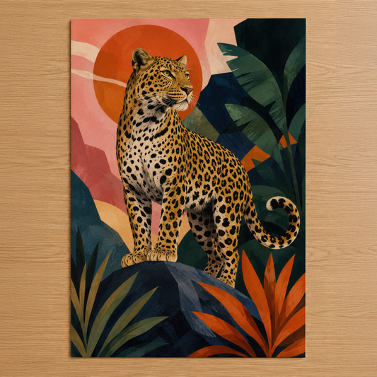 Tropikal yapraklarla çevrili leoparın portresi, sıcak turuncu güneş ve renkli soyut arka plan ile sanat tablosu