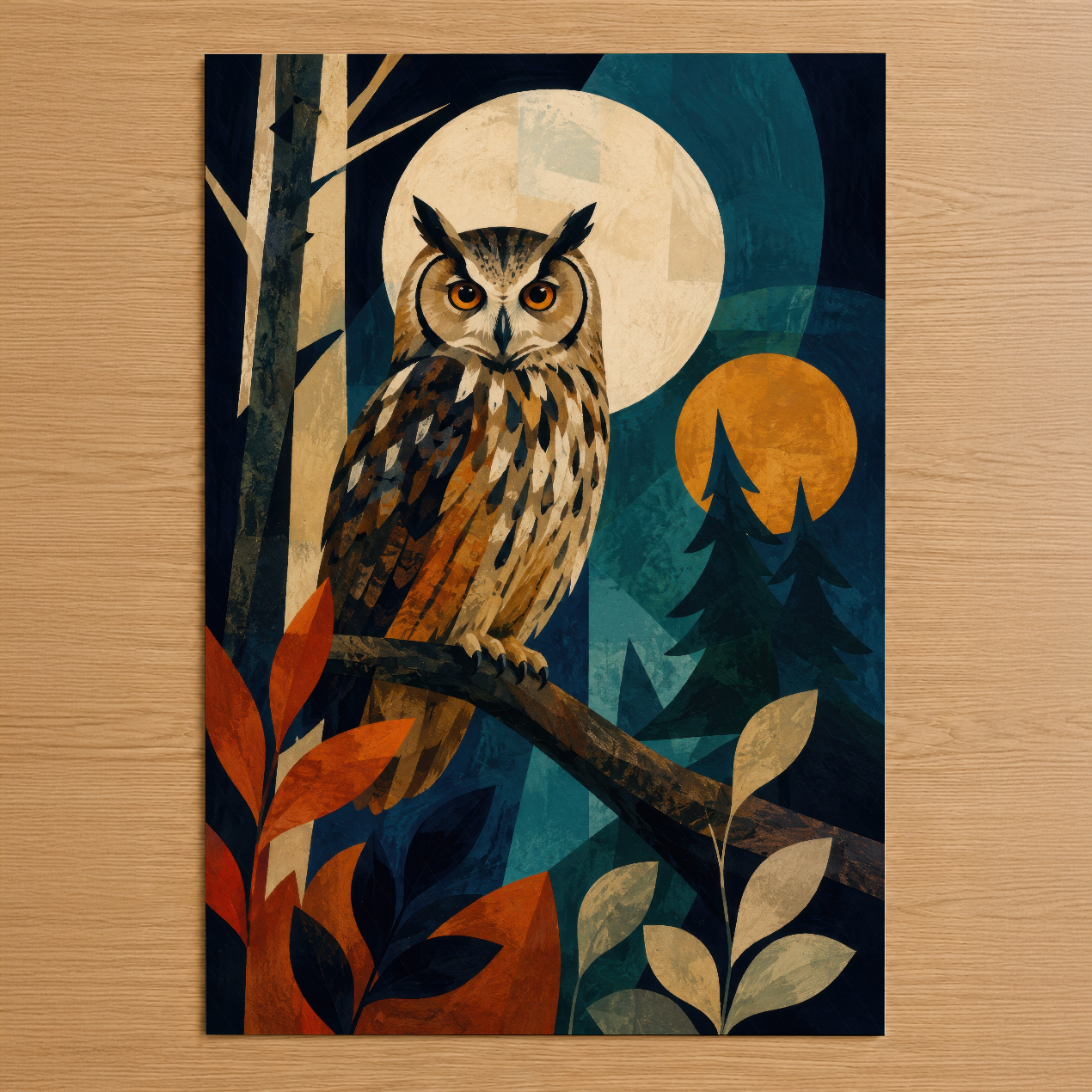 Gece ormanında ay ışığında duran baykuş, sonbahar yapraklarıyla süslü modern sanat tablosu.