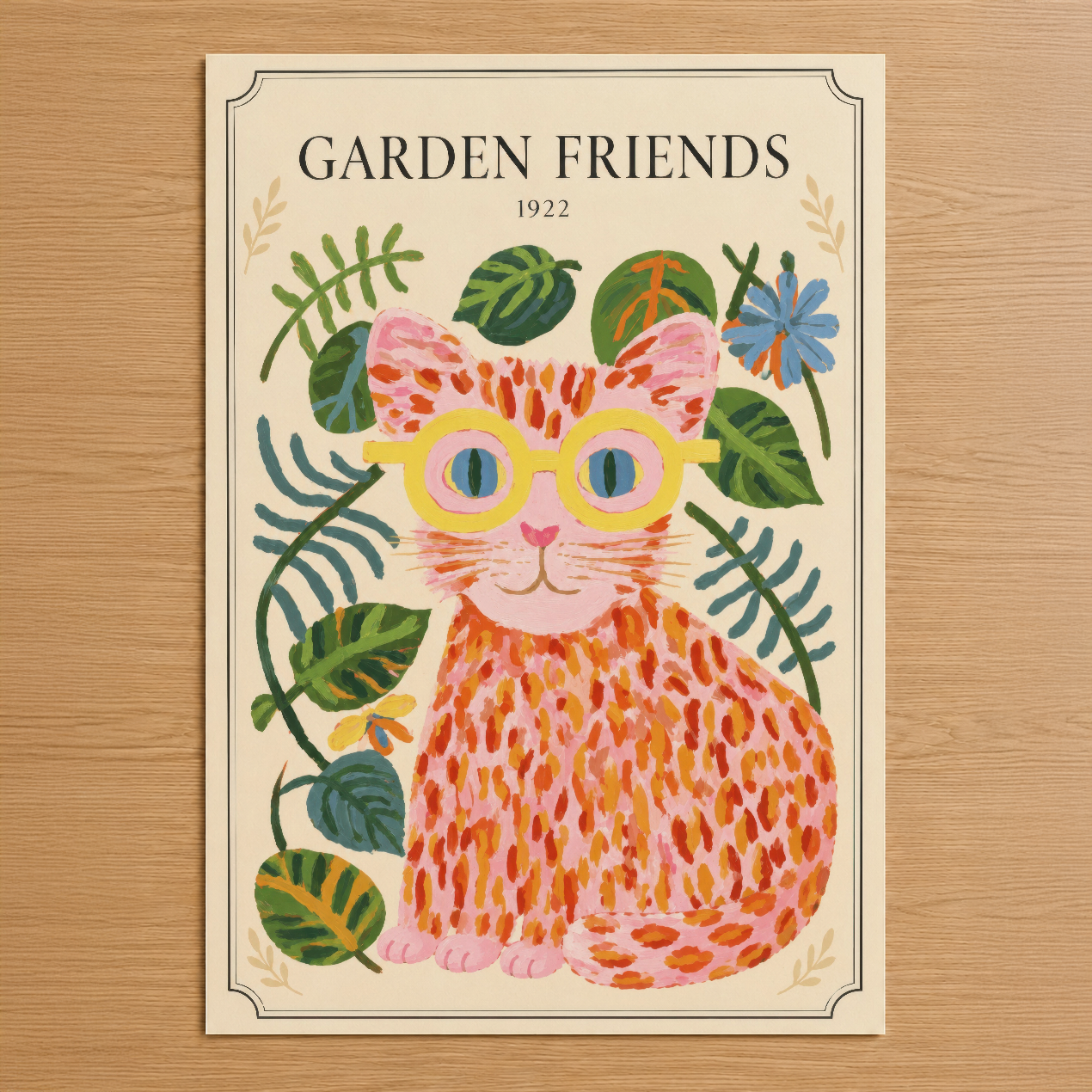 Vintage tarzında, sarı gözlüklü kedinin ve çiçek bahçesi motiflerinin bulunduğu 1922 tarihli Garden Friends posteri.