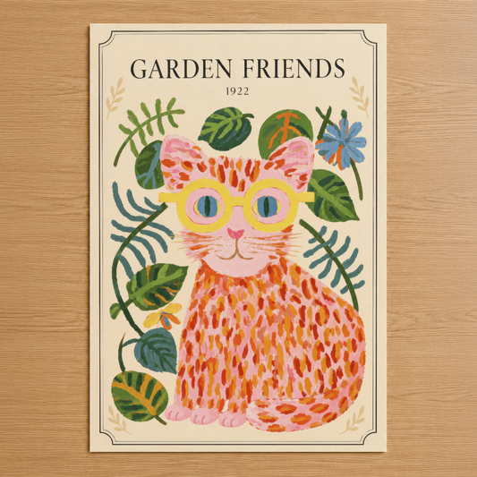 Vintage tarzında, sarı gözlüklü kedinin ve çiçek bahçesi motiflerinin bulunduğu 1922 tarihli Garden Friends posteri.