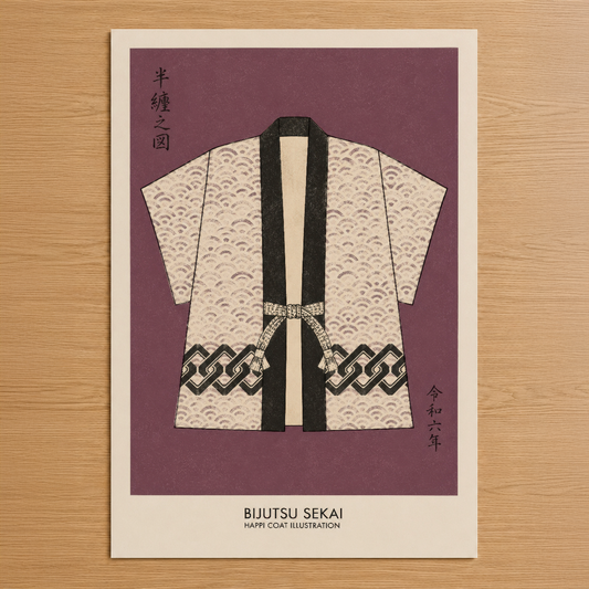 Japon happi ceketi tasarımlı sanat posteri, mor tonlu arka fonda, geometrik desen ve sumuğu detaylarıyla.