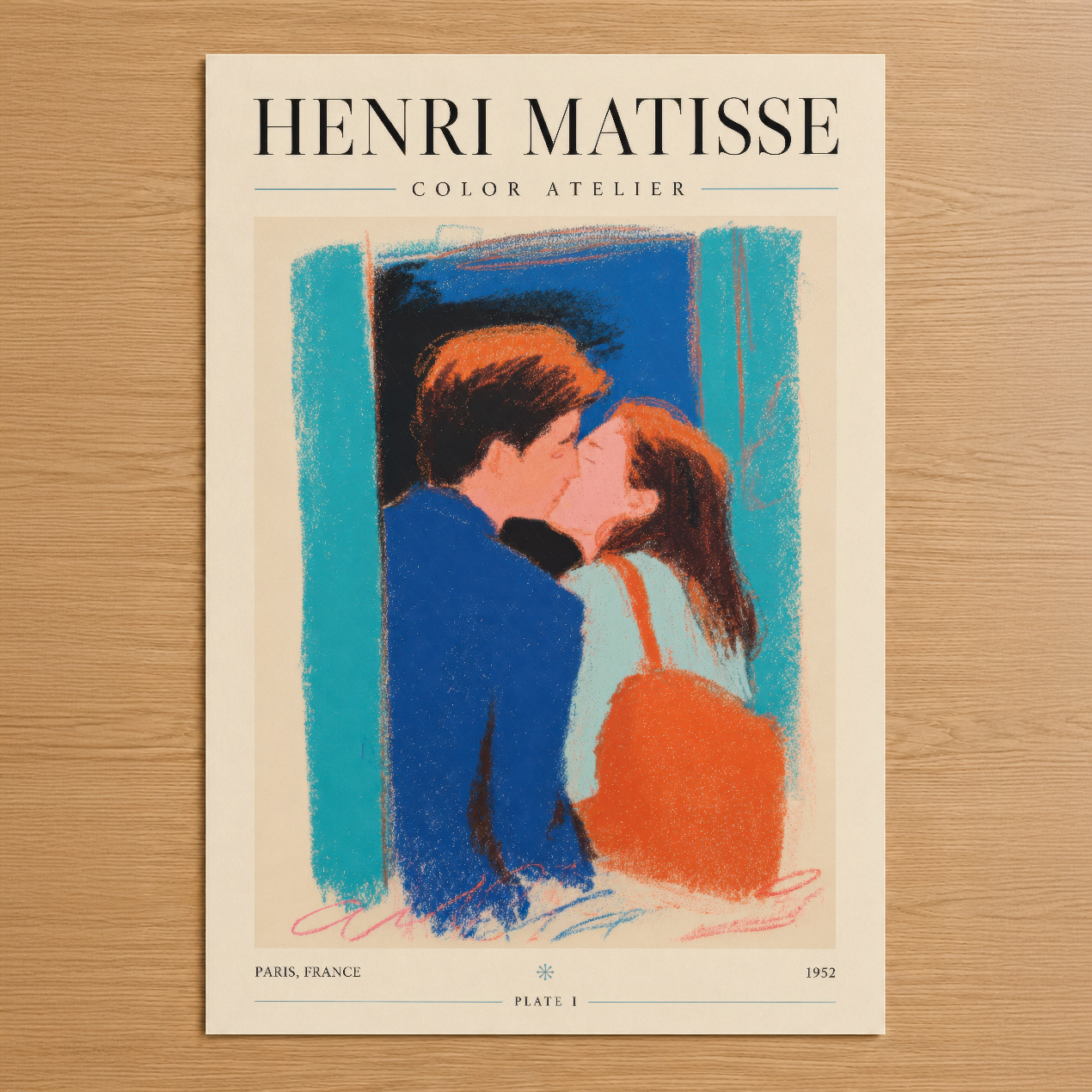 Matisse'in ikonik Color Atelier eserini gösteren, canlı mavi ve turuncu tonlarında sevgi dolu bir an,1952 Paris baskısı.
