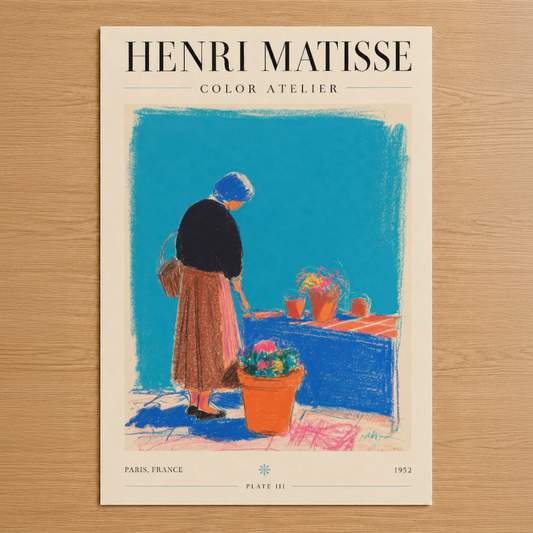 Henri Matisse Color Atelier 1952 tablosu, turkuaz arka planda çiçek sevenin canlı portresi, modern dekorasyon için ideal.