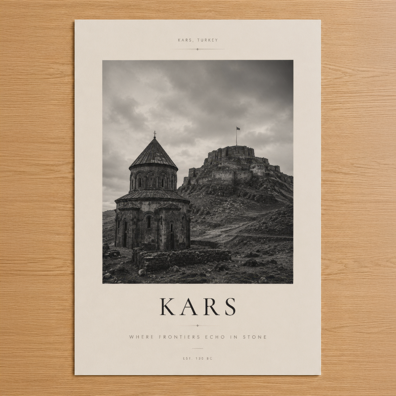 Kars Türkiye siyah beyaz sanat tablosu, tarihi Surp Prkich kilisesi ve kale manzarasını elegans tasarımla sunar.