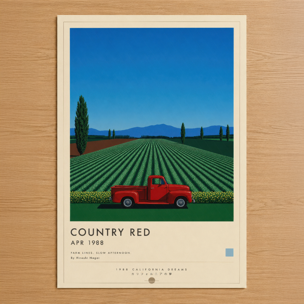 1988 California Dreams serisinden Country Red tablosu, kırmızı klasik kamyon ve sonsuz yeşil tarla ile nostaljik amerikan