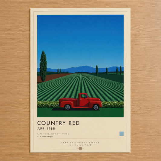 1988 California Dreams serisinden Country Red tablosu, kırmızı klasik kamyon ve sonsuz yeşil tarla ile nostaljik amerikan