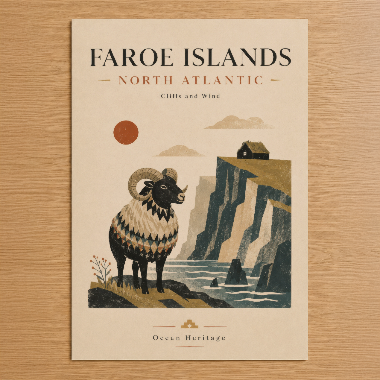 Faroe Islands tasarımı, kuzey atlantik manzarası ve geleneksel koçlu retro poster baskı.
