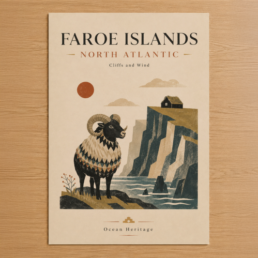 Faroe Islands tasarımı, kuzey atlantik manzarası ve geleneksel koçlu retro poster baskı.