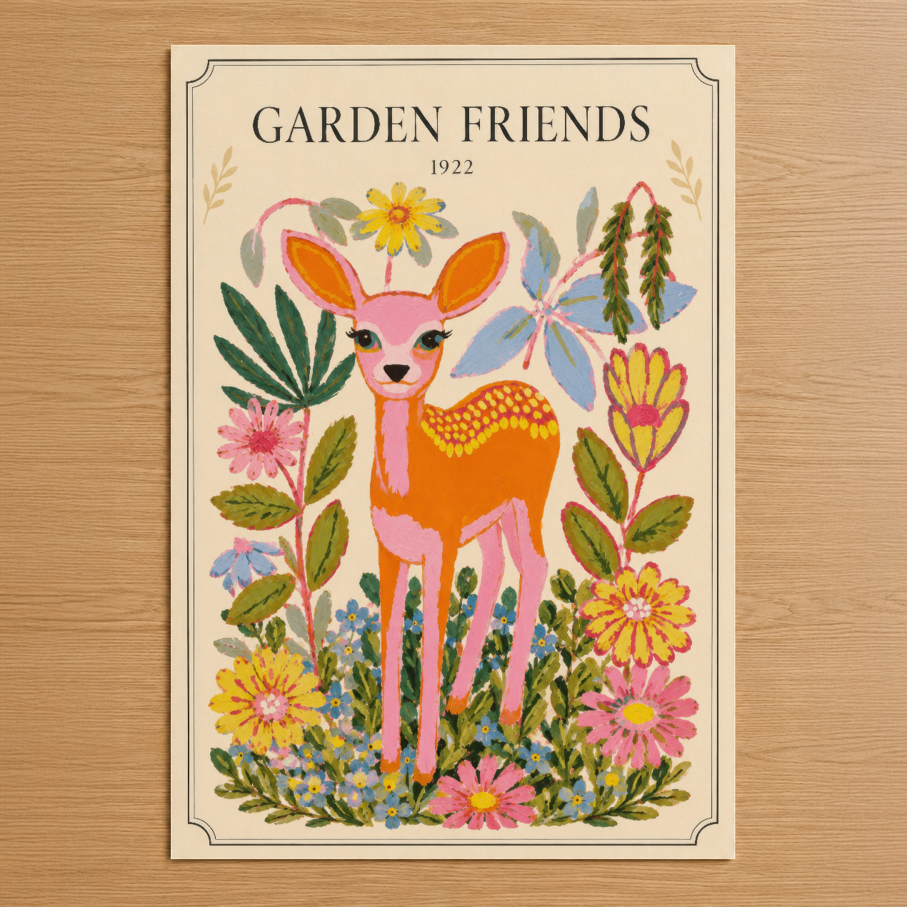 Renkli çiçeklerle çevrili pembe geyik figürünün görkemli vintage stili duvar tablosu, 1922 tarihli Garden Friends tasarımı.