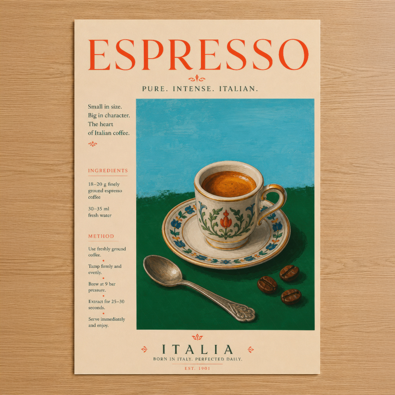 İtalyan espresso kültürünü retro vintage tarzıyla sunan, dekoratif yazı ve illüstratif kahve fincanı tasarımı.