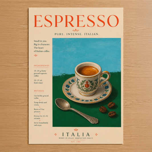 İtalyan espresso kültürünü retro vintage tarzıyla sunan, dekoratif yazı ve illüstratif kahve fincanı tasarımı.