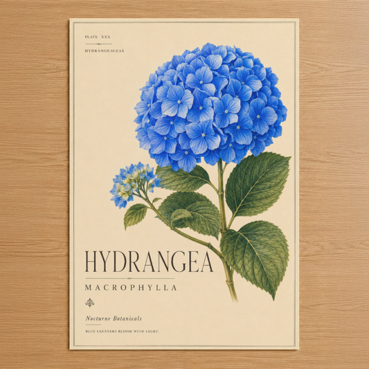 Klasik botanik stilinde mavi hortensia çiçeği, yeşil yapraklar ve Necturne Botanicals yazılı vintage poster tasarımı.