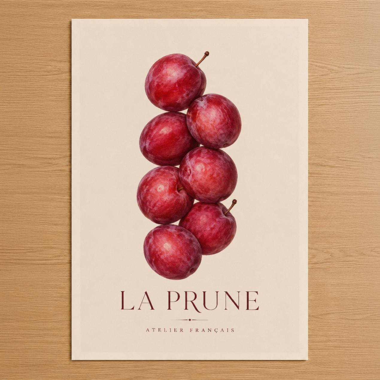 Vintage tarzı La Prune posteri, kırmızı erik motifi ve Atelier Français yazısıyla zarif tasarım.