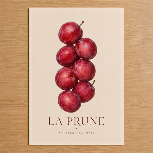 Vintage tarzı La Prune posteri, kırmızı erik motifi ve Atelier Français yazısıyla zarif tasarım.