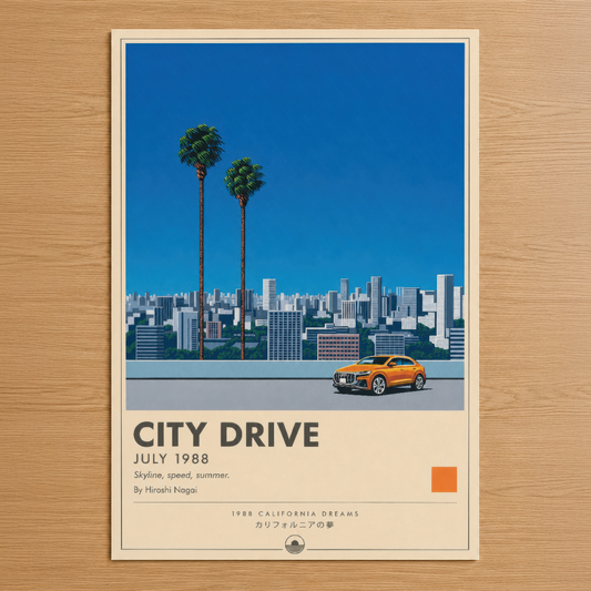 1988 California Dreams temalı City Drive posteri, palm ağaçları ve şehir skyline ile retro estetik.