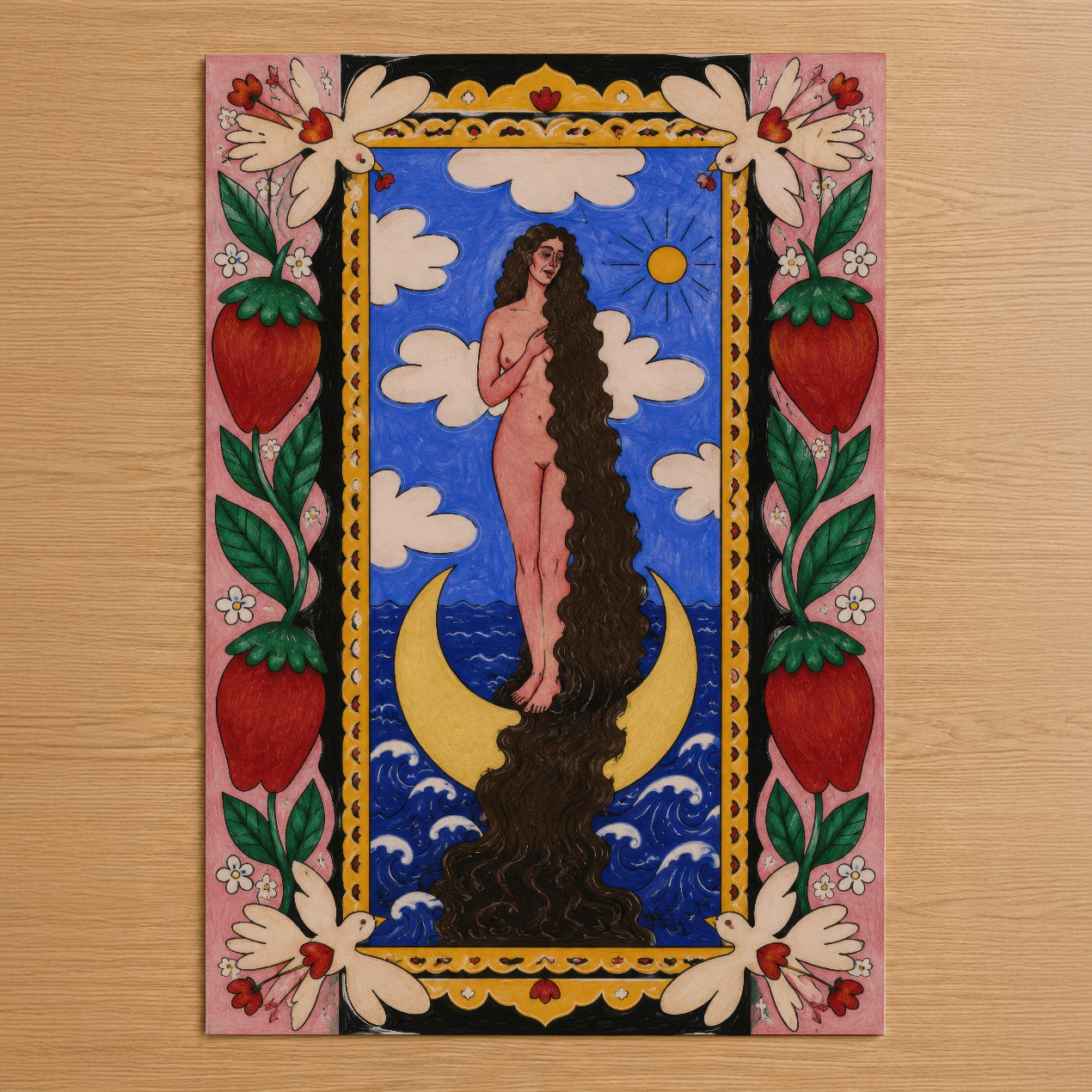 Mitolojik kadın figürü ve ay sembolü ile çevrili çiçek ve çilek motiflerinden oluşan dekoratif sanat tablosu.