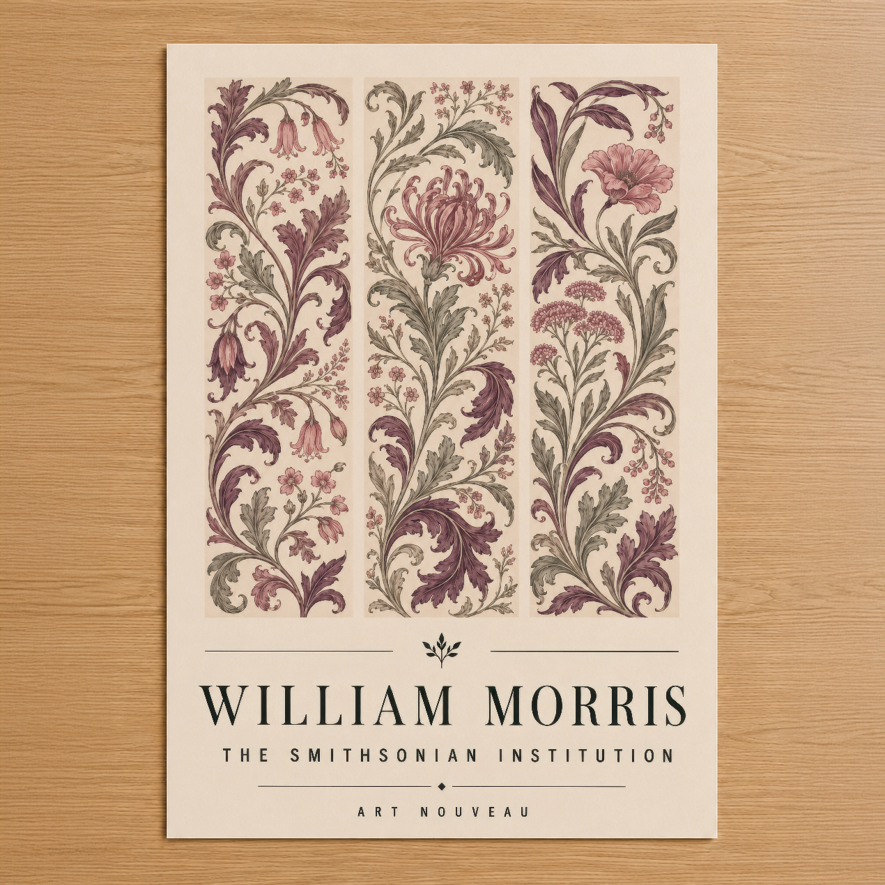 William Morris imzalı Art Nouveau botanik deseni, şık baskı, dekoratif çiçek motifli üç panel sanat tablosu.
