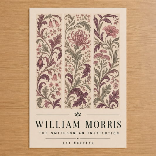 William Morris imzalı Art Nouveau botanik deseni, şık baskı, dekoratif çiçek motifli üç panel sanat tablosu.
