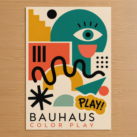 Bauhaus Color Play posteri, canlı sarı, turkuaz ve mercan renklerle soyut tasarım ve geometrik şekiller içeriyor.