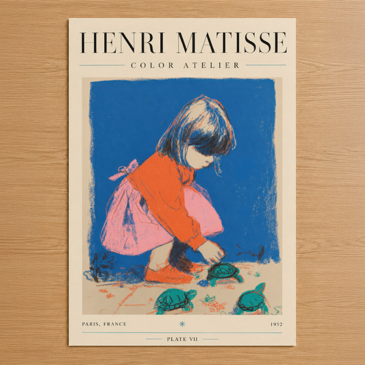 Matisse'in ikonik 1952 eserinde çocuk figürü, canlı mavi ve mercan renglerle sanat tarihinin en güzel tablosu.