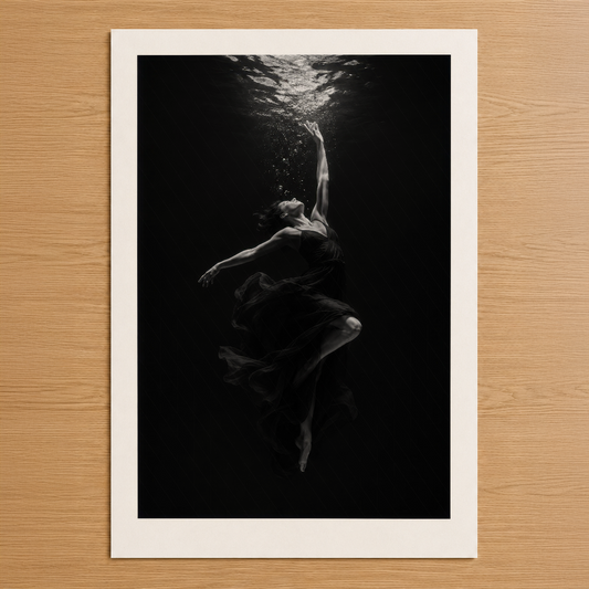 Sualtı dans etme hareketini siyah beyaz soyut sanat olarak gösteren minimalist poster baskı.