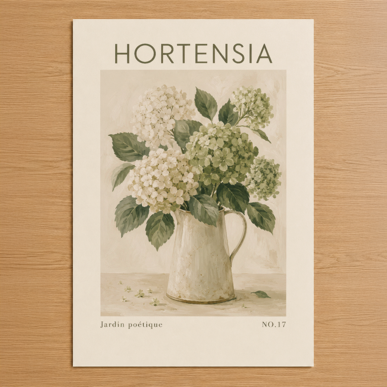 Hortensia tablosu, krem renkli vazoda beyaz ve yeşil çiçekler içeren botanik illüstrasyon posteri.