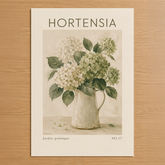 Hortensia tablosu, krem renkli vazoda beyaz ve yeşil çiçekler içeren botanik illüstrasyon posteri.