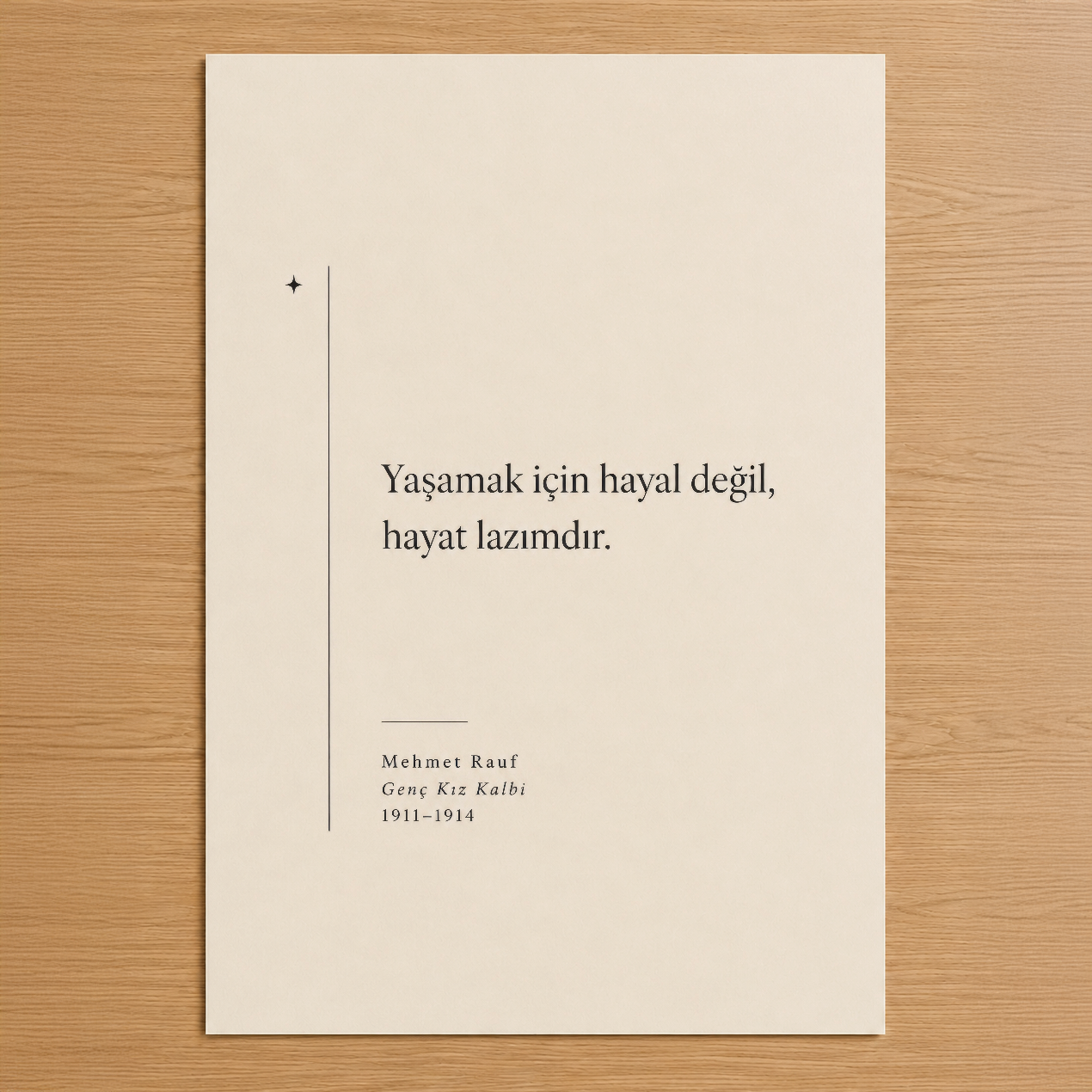 Mehmet Rauf'un Genç Kız Kalbi adlı eserinden alınan minimal tipografi tablosu, zarif serif yazı tipi ile felsefî sözü ve