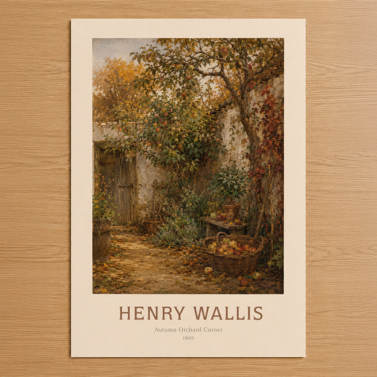 Henry Wallis imzalı Sonbahar Bahçesi Köşesi tablosu, 1869'dan kalma sanat baskısı, sıcak sarı ve yeşil tonlarında nostalji