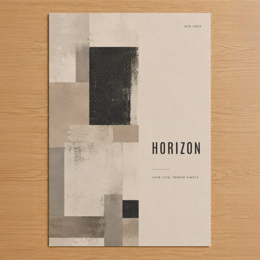 Horizon tablosu, geometrik şekiller ve vintage doku ile tasarlanmış modern sanat eseri.