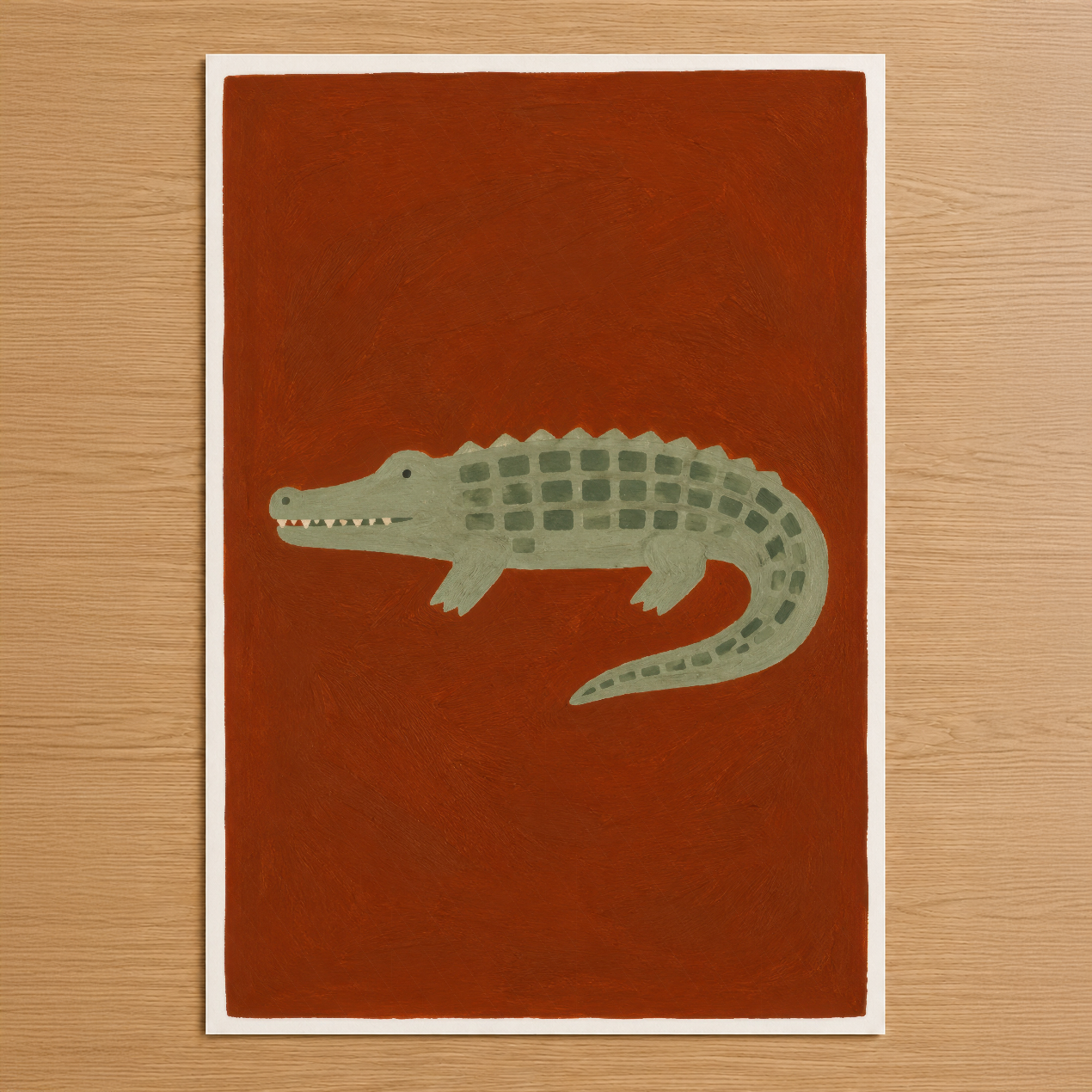 Terrakotta arka funda, minimalist stil timsah tasarımı ile retro sanat tablosu.