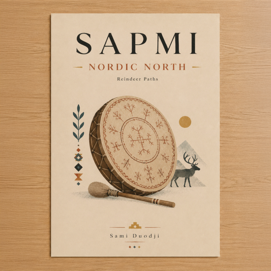 Sapmi Nordic North temalı duvar tablosu, Sami davulü ve geyik motifiyle etnik sanat eseri