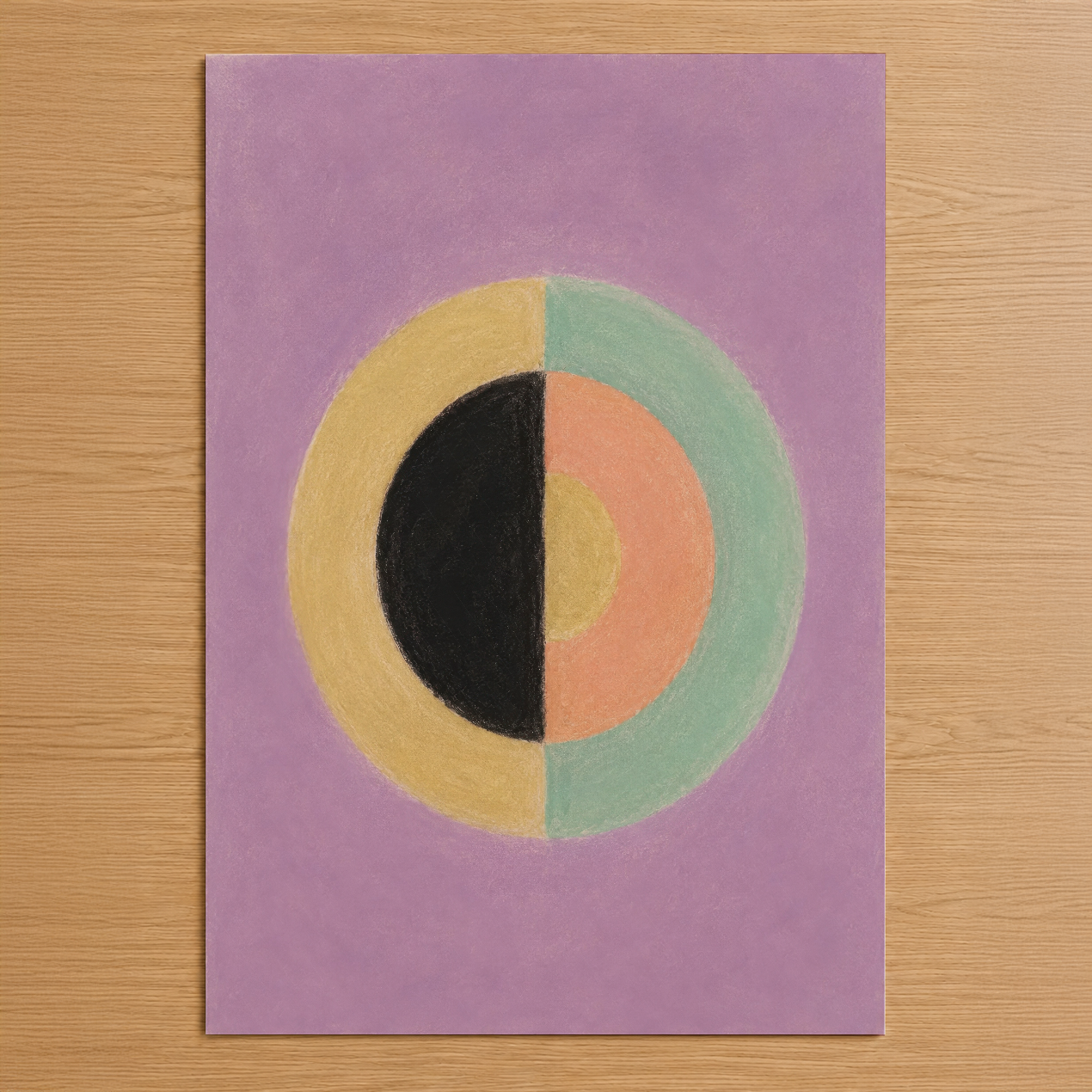 Pastel pembe zemin üzerine geometrik daire deseni ile modern soyut sanat tablosu, canlı sarı, yeşil, somon ve siyah