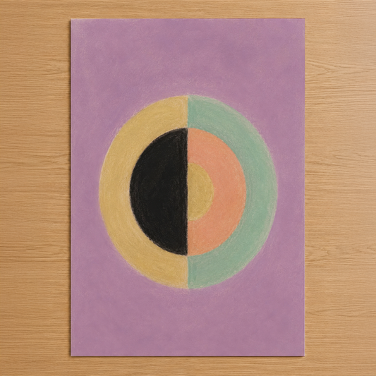 Pastel pembe zemin üzerine geometrik daire deseni ile modern soyut sanat tablosu, canlı sarı, yeşil, somon ve siyah