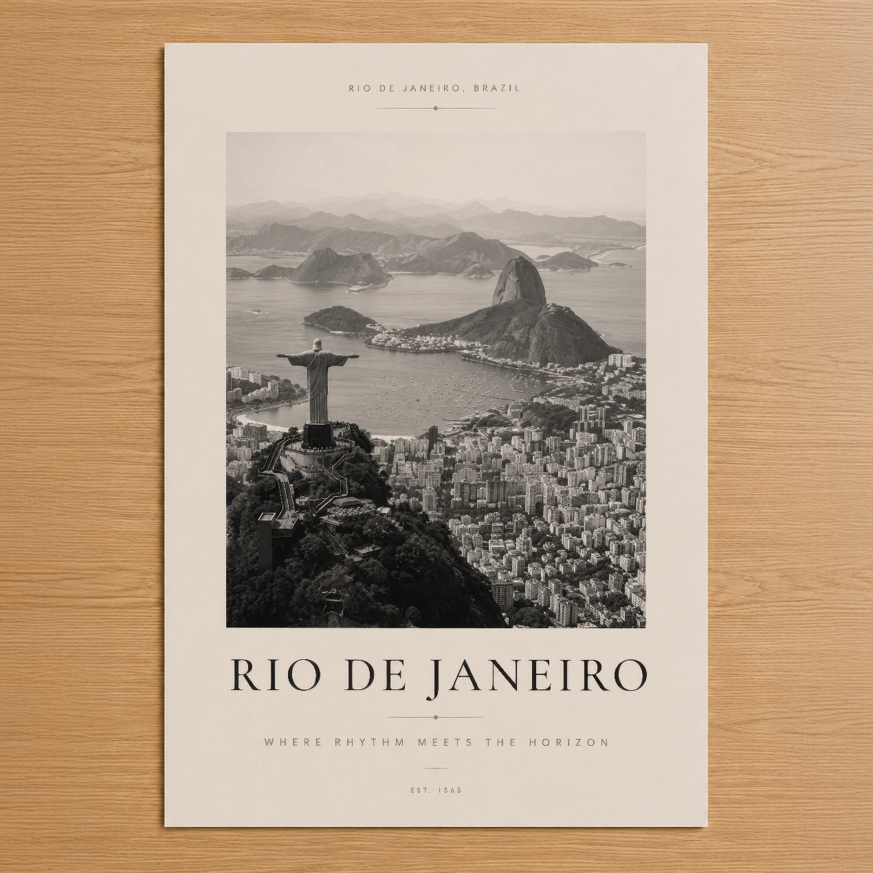 Rio de Janeiro posterinin siyah beyaz tasarımı, İsa Heykeli ve Guanabara Körfezi'nin ikonik görüntüsü ile Brezilya'nın özünü