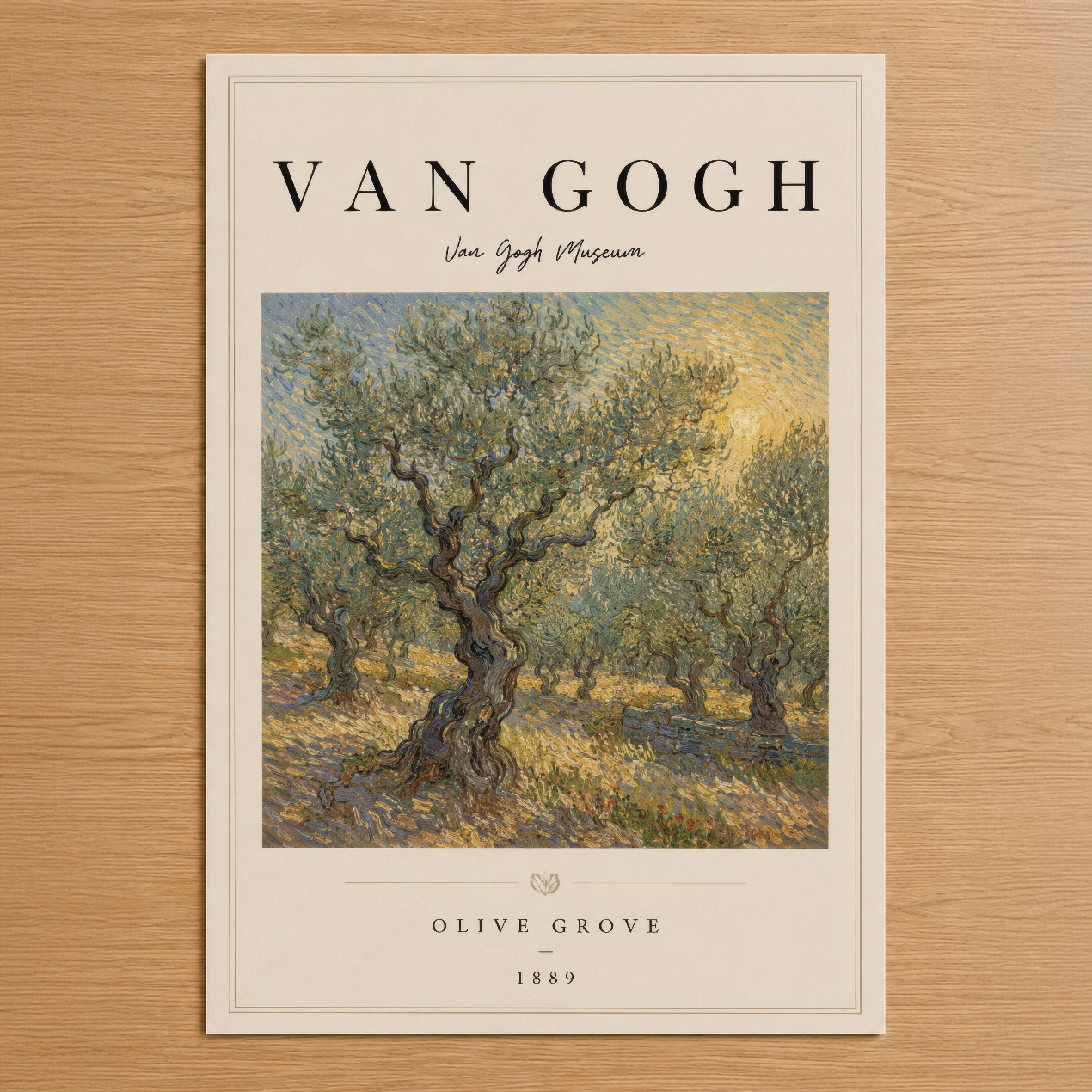 Van Gogh'un ikonik Zeytin Ağacı tablosu, sıcak sarı ve yeşil tonlarıyla Provençal manzarasını yansıtan klasik sanat posteri.