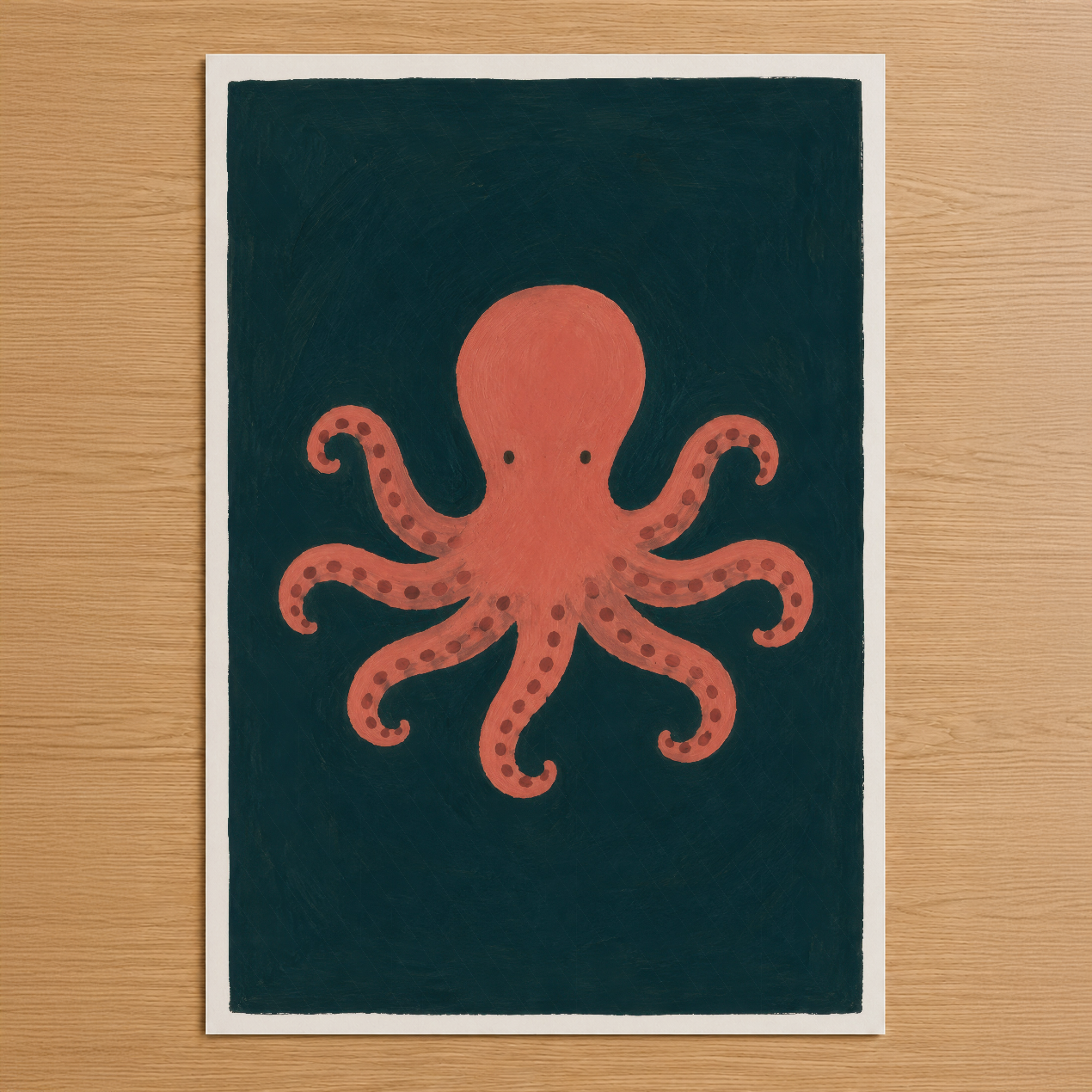 Mercan renkli ahtapot figürü, koyu yeşil zemin üzerinde minimalist tarzda sanatsal bir poster tasarımı.
