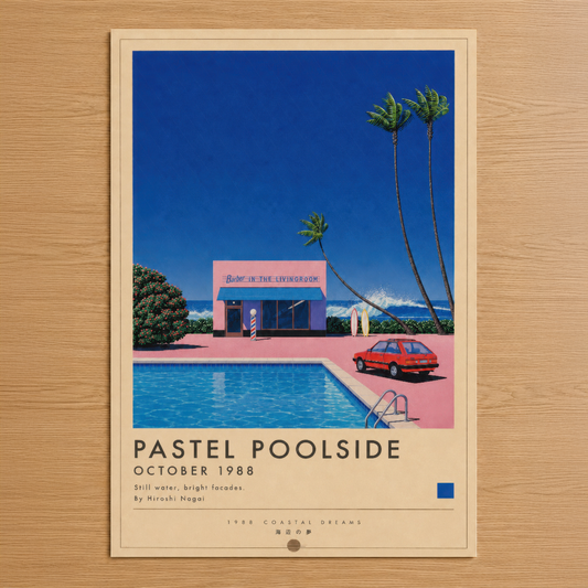 Pastel Poolside posteri, canlı pembe bungalov, turkuaz havuz ve palm ağaçlarının yer aldığı retro 1988 tasarımı.