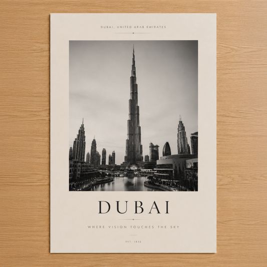 Burj Khalifa ve Dubai skyline'ının siyah beyaz çekim poster sanat eseri.