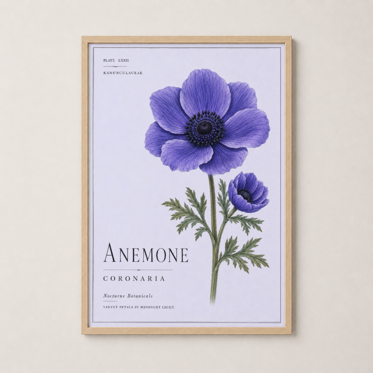 Doğal ahşap çerçeveli anemone tablosu, sıcak dekorasyonlu bir mekanın duvarında sergileniyor.