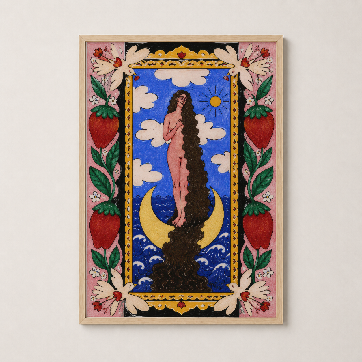 Ahşap çerçeveli, vintage estetikli, ay ve çiçek motifleriyle bezeli sanat baskısı ve duvar dekorasyonu.