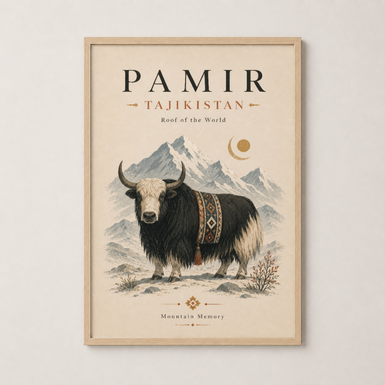 Pamir Tacikistan tablosu doğal ahşap çerçevede, etnik yak figürü ve dağ görünümü içeren dekoratif baskı.